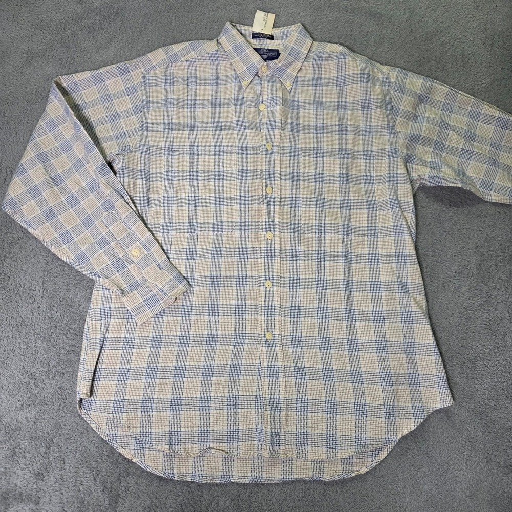 Georges Marciano Mens M Button Down Shirt Blue Tan Plaid Cotton Long Sleeve 5407